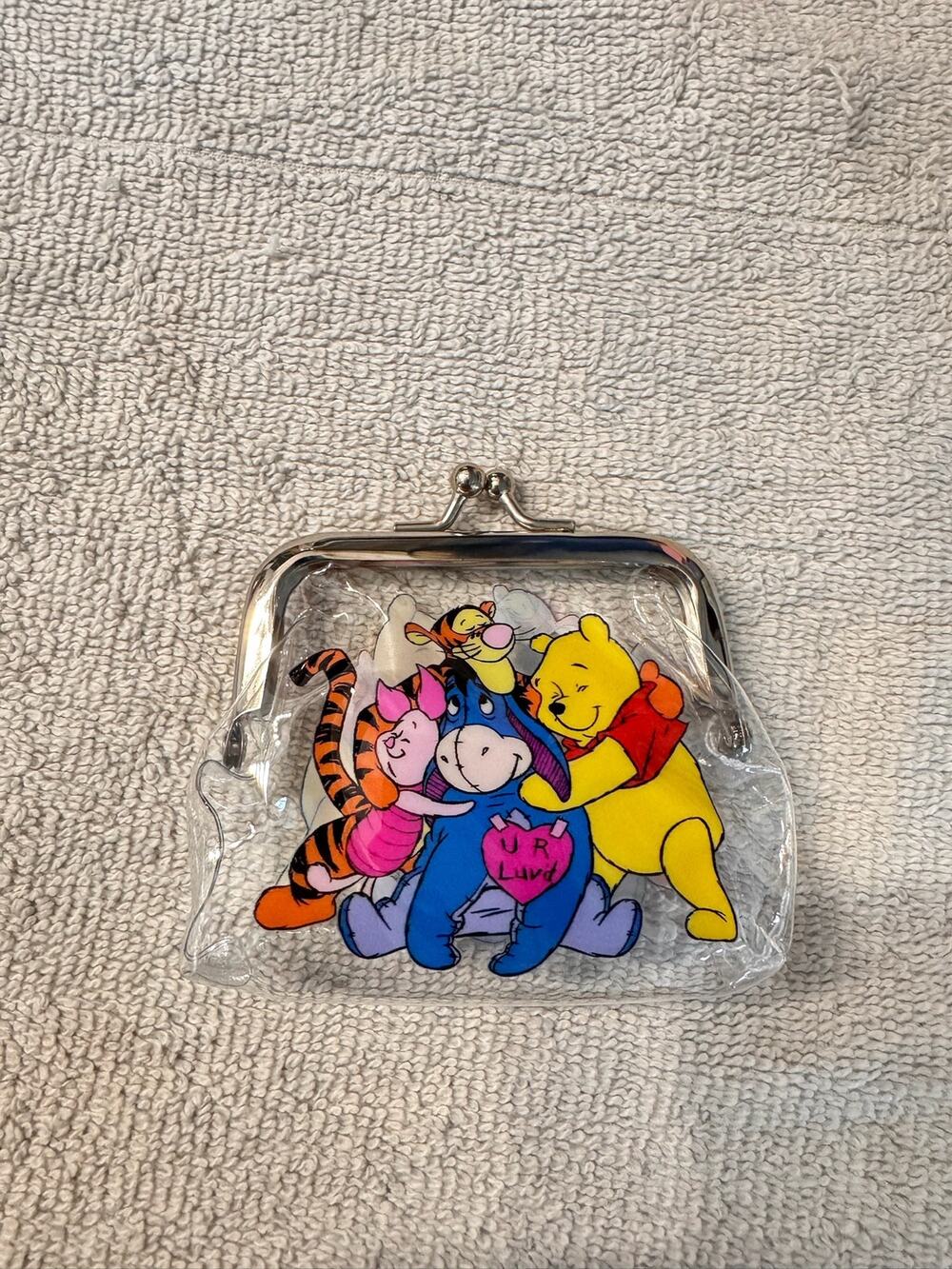 Winnie the Pooh and friends on a big hug clear coin purse vintage style